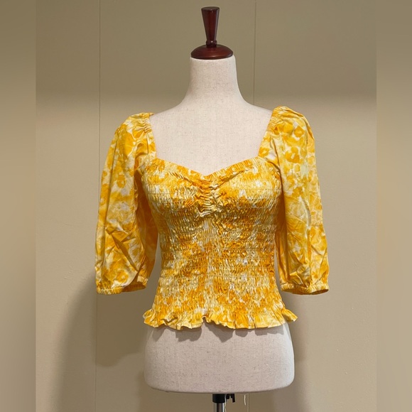 Open Edit Yellow Ballon Puff Sleeve Smocked Top with Floral Print L - Picture 2 of 8